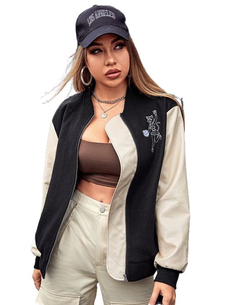 cartoon embroidery contrast sleeve wool-mix bomber jacket 7851#, Black;brown