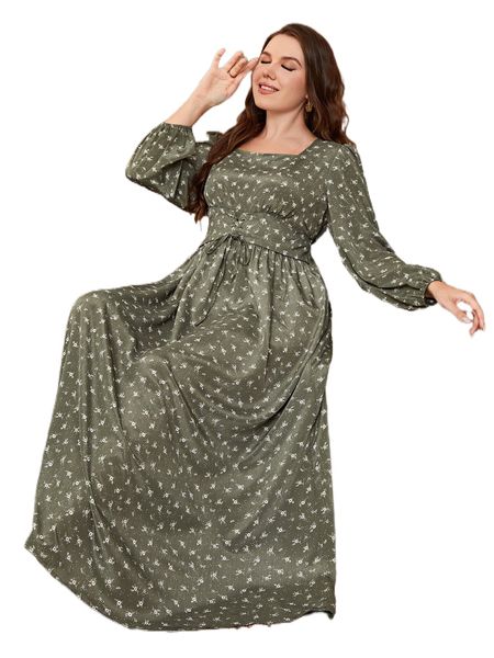 plus lantern sleeve allover print lace up waist dress e8z1#, Black