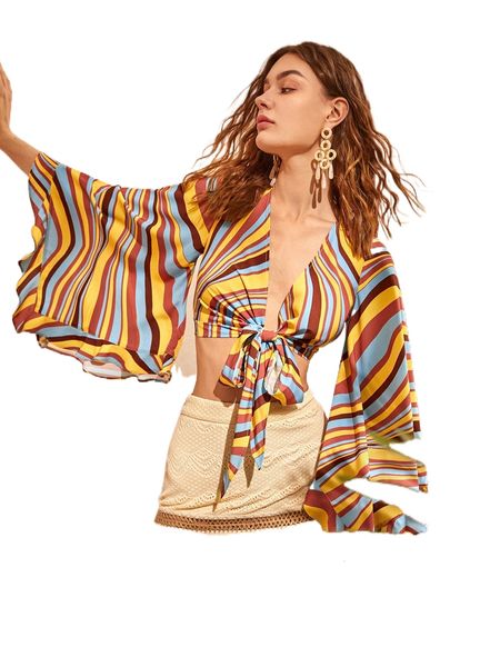 striped tie front ruffle crop blouse l9nz#, White
striped tie front ruffle crop blouse l9nz#, White