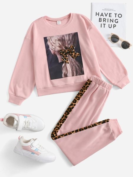 girls figure graphic bow front sweatshirt & contrast leopard side seam sweatpants she, White
girls figure graphic bow front sweatshirt & contrast leopard side seam sweatpants she, White