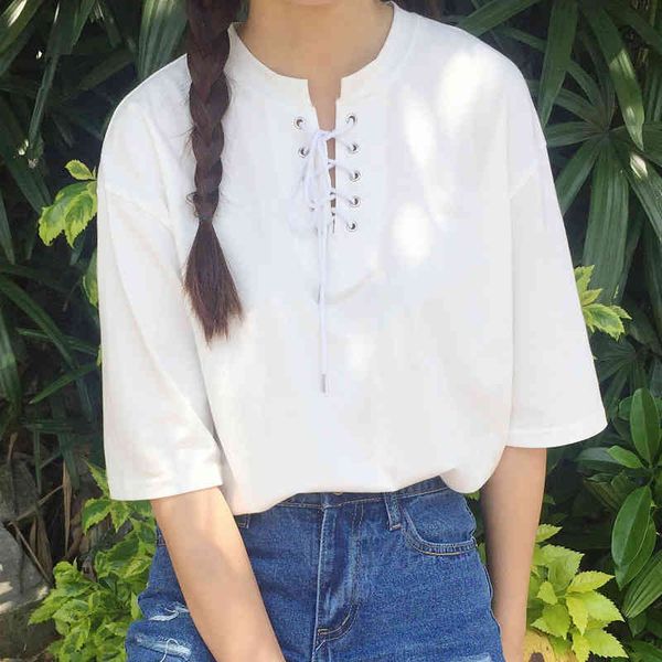 simple all match solid ties fashion basic loose casual short sleeve female tshirts 210426, White
simple all match solid ties fashion basic loose casual short sleeve female tshirts 210426, White