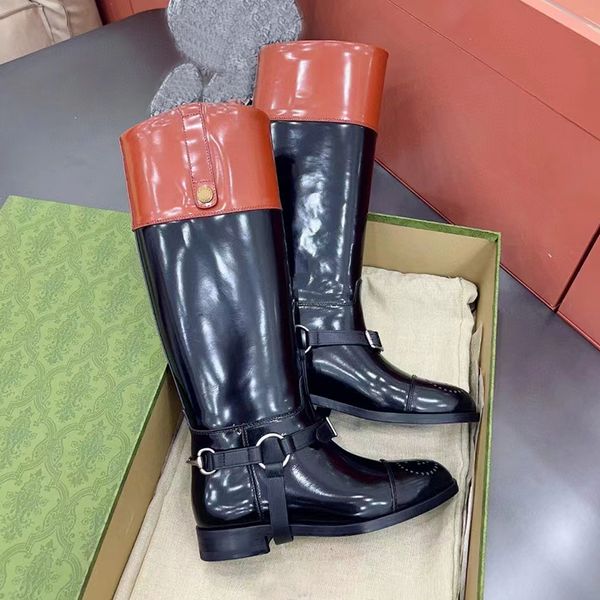 belt buckle women's high tube knight boots british vintage round head thick heel 100% leather classic color matching designer boots, Black
belt buckle women's high tube knight boots british vintage round head thick heel 100% leather classic color matching designer boots, Black