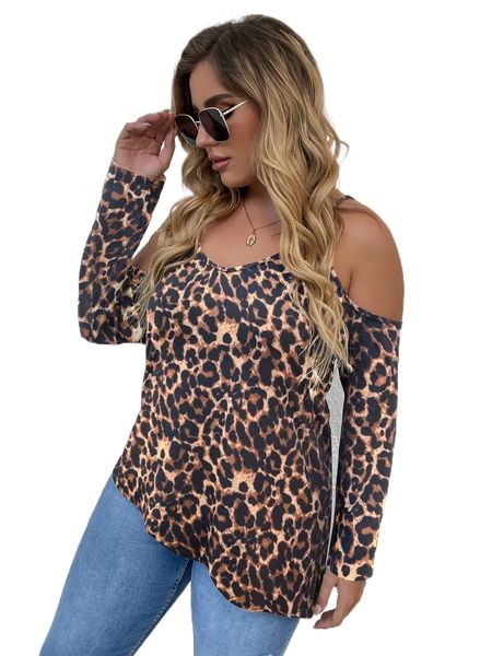 plus leopard print cold shoulder tee r6b2#, Black