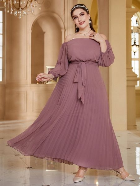 plus off shoulder lantern sleeve pleated hem belted dress m1vt#, Black 
plus off shoulder lantern sleeve pleated hem belted dress m1vt#, Black