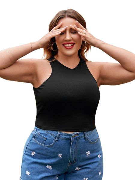 plus ribbed knit crop tank i3mn#, Black