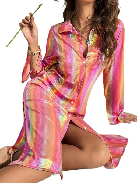 ombre split thigh metallic shirt dress c3oy#, Black;gray