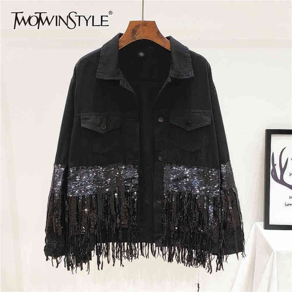 black casual patchwork jacket for women lapel long sleeve sequin tassel jackets female fashion clothes 210423, Black;brown
black casual patchwork jacket for women lapel long sleeve sequin tassel jackets female fashion clothes 210423, Black;brown