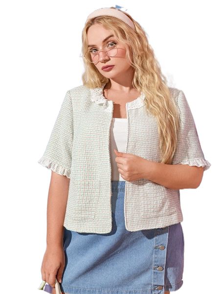 plus plaid pattern eyelet embroidered frilled tweed overcoat v5bu#, Black
plus plaid pattern eyelet embroidered frilled tweed overcoat v5bu#, Black