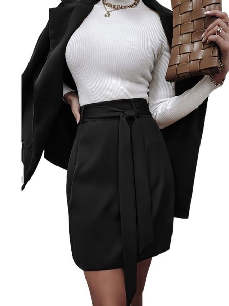 high waist solid belted skirt p5uo#, Black 
high waist solid belted skirt p5uo#, Black