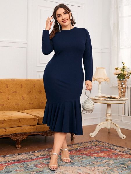 plus ruffle hem bodycon dress v0lh#, Black