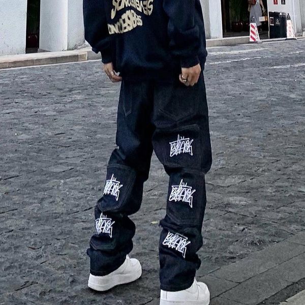 men's jeans retro multi-pockets letter embroidery casual mens pants straight harajuku hip hop loose denim trousers, Blue
men's jeans retro multi-pockets letter embroidery casual mens pants straight harajuku hip hop loose denim trousers, Blue
