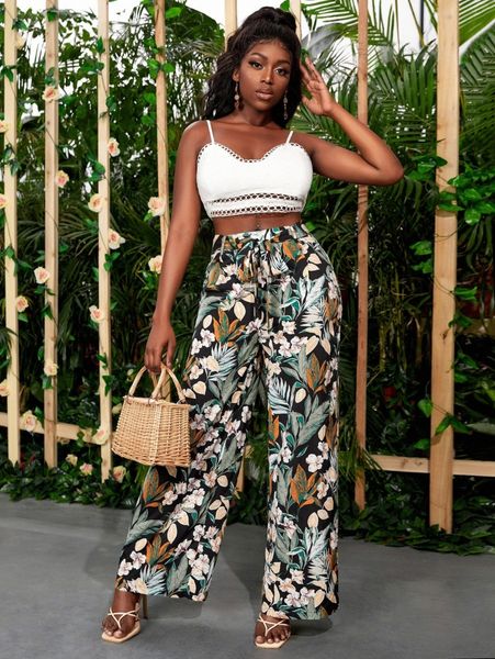 tropical print belted wide leg pants q1x5#, Black;white
tropical print belted wide leg pants q1x5#, Black;white