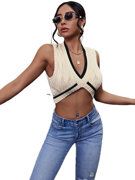 contrast trim cable knit crop sweater vest b3af#, White;black