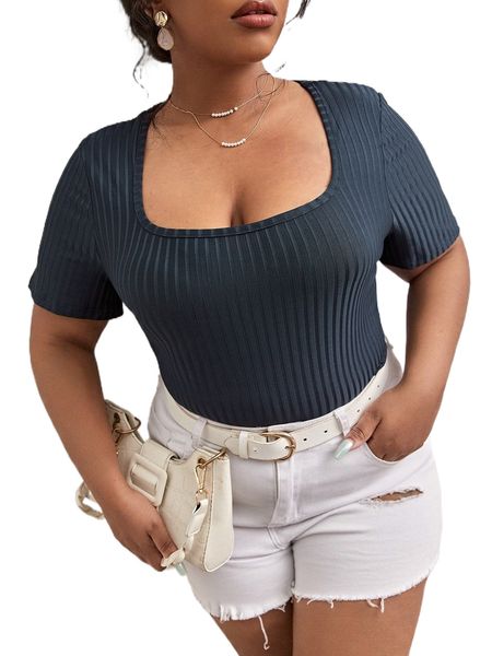 plus square neck rib knit tee e0qx#, Black