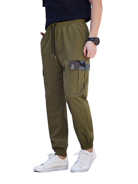 men camo print flap pocket cargo pants x48l#, Black