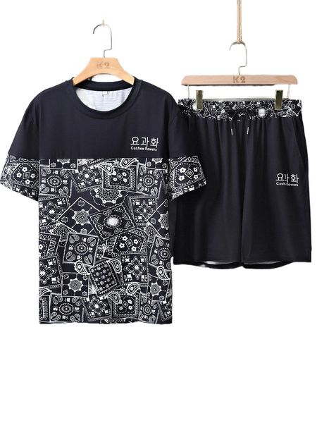 men paisley print tee & drawstring waist track shorts d5mt#, Gray