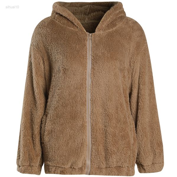 cartoon plush coat solid long sleeve hoodie casual zipper jacket with pocket for fall winter y2k women simple hip hop streetwear l220725, Black;brown 
cartoon plush coat solid long sleeve hoodie casual zipper jacket with pocket for fall winter y2k women simple hip hop streetwear l220725, Black;brown