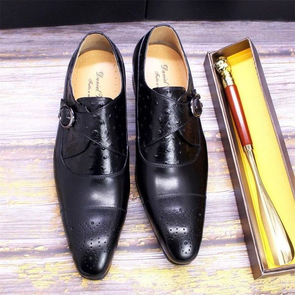 men monk shoes leather ostrich embossed pointed toe brock carving adjustable buckle office party casual shoes kb275, Black
men monk shoes leather ostrich embossed pointed toe brock carving adjustable buckle office party casual shoes kb275, Black