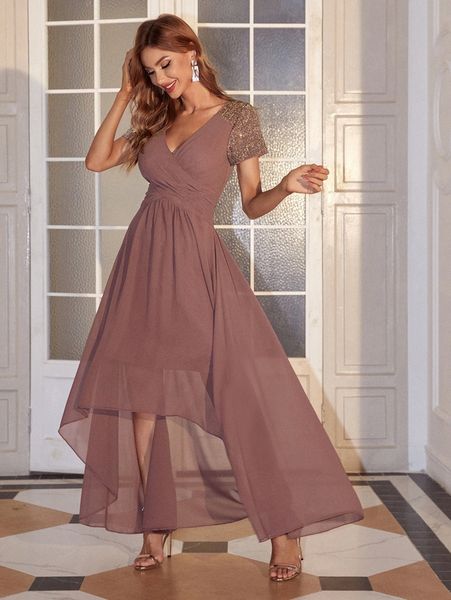 sequin insert crossover front high low chiffon dress 56o0#, Black;gray