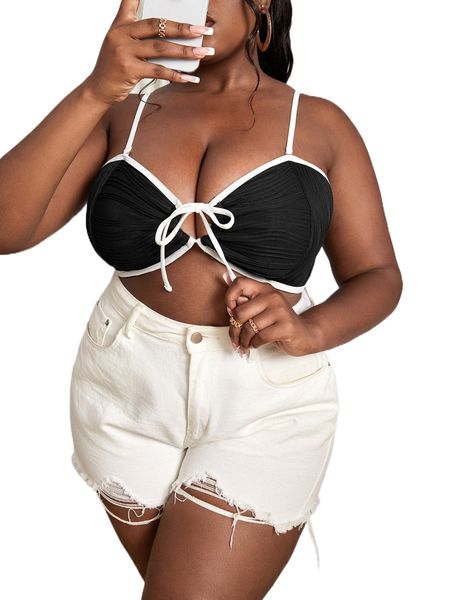 plus contrast binding knot front bikini n4p9#, Black