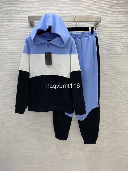 two piece dress autumn and winter color blocking embossed side pocket design hoodie with elastic waist pants set, White
two piece dress autumn and winter color blocking embossed side pocket design hoodie with elastic waist pants set, White