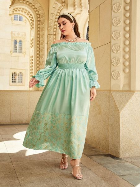 plus floral jacquard off shoulder flounce sleeve shirred satin dress 26al#, Black 
plus floral jacquard off shoulder flounce sleeve shirred satin dress 26al#, Black