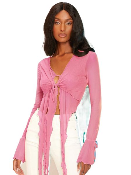 tie front lettuce trim mesh z9gf#, White 
tie front lettuce trim mesh z9gf#, White