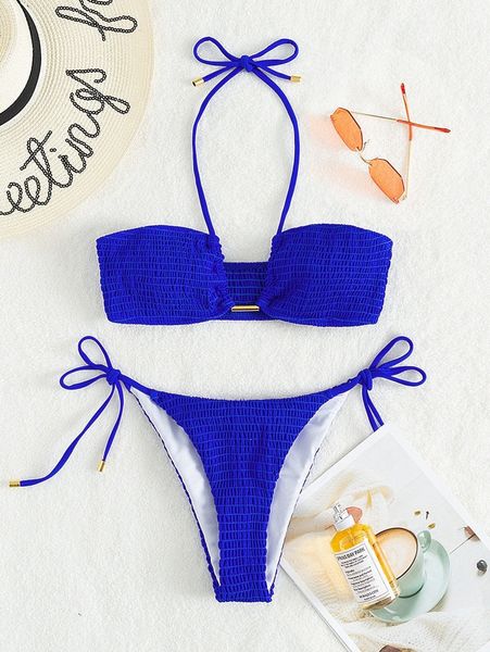 smocked halter bikini swimsuit f97k#, White;black