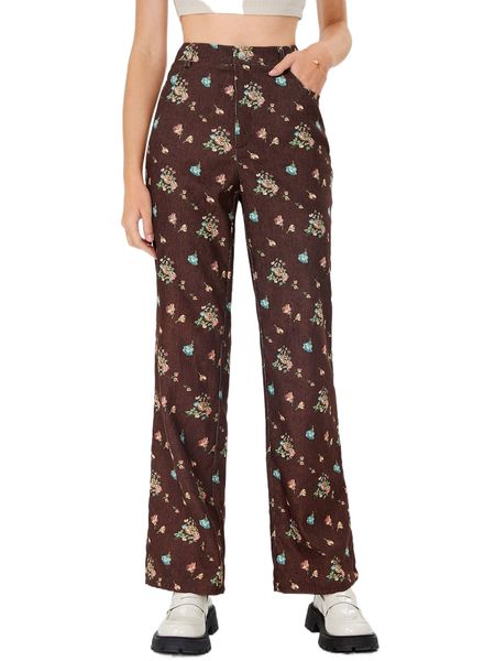 mod floral print corduroy flare leg pants i6se#, Black;white