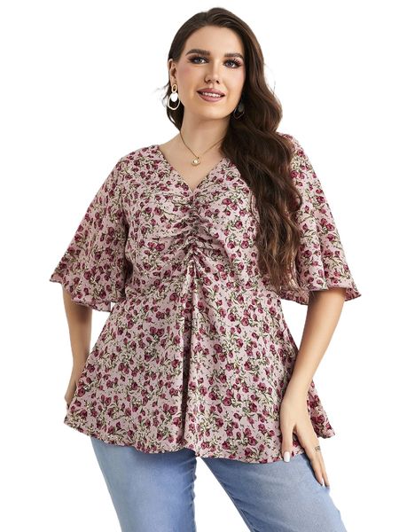 plus allover floral print flutter sleeve ruched blouse h40c#, Black
plus allover floral print flutter sleeve ruched blouse h40c#, Black