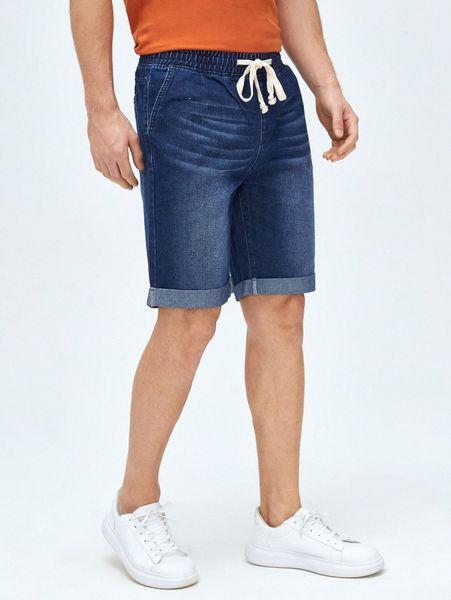 men roll up hem drawstring waist denim shorts a2fk#, White;black