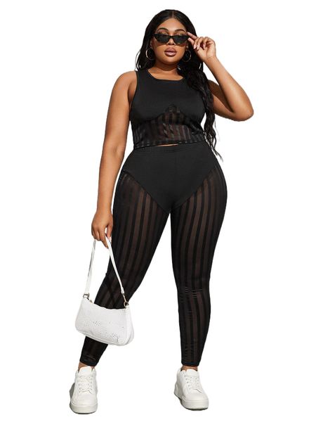 plus striped mesh panel tank & leggings r1xi#, Black 
plus striped mesh panel tank & leggings r1xi#, Black