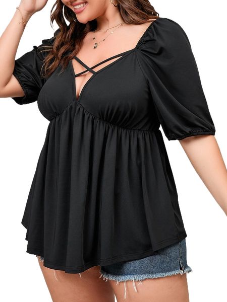 plus crisscross puff sleeve peplum l0cz#, Black