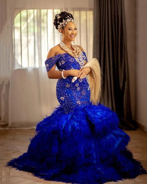 elegant off shoulder mermaid prom dresses 2022 royal blue lace applqiues beaded with feathers train plus size formal evening gow, Black
elegant off shoulder mermaid prom dresses 2022 royal blue lace applqiues beaded with feathers train plus size formal evening gow, Black