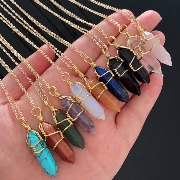 natural stone pendant wire wrap crystal necklace hexagonal bullet amethyst quartz pendulum chakra pendulo healing jewelry, Silver
natural stone pendant wire wrap crystal necklace hexagonal bullet amethyst quartz pendulum chakra pendulo healing jewelry, Silver