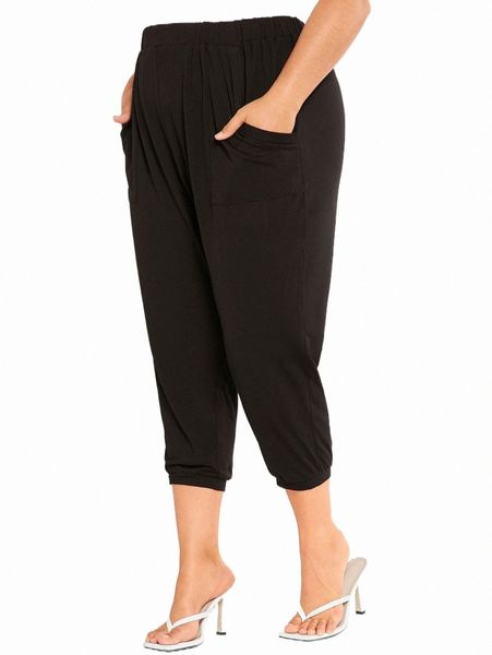 evolu plus solid slant pocket capris pants 03jy#, Black