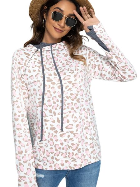 dearcase leopard print zipper detail drawstring hoodie v2eh#, Black