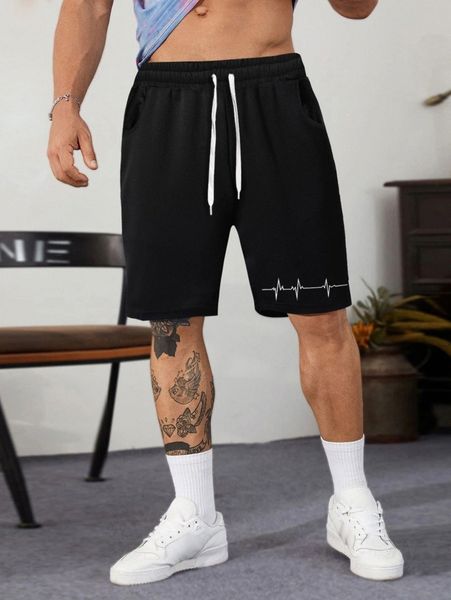 extended sizes men graphic print drawstring waist shorts w7re#, White;black 
extended sizes men graphic print drawstring waist shorts w7re#, White;black