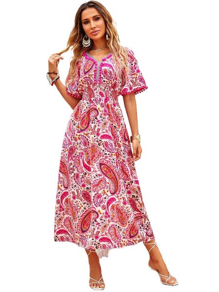 paisley print butterfly sleeve dress 79of#, Black;gray