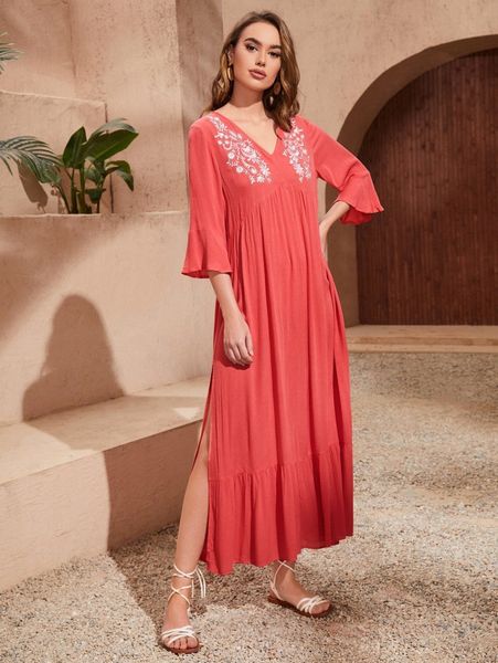 floral embroidery flounce sleeve split thigh dress r5uq#, Black;gray
floral embroidery flounce sleeve split thigh dress r5uq#, Black;gray