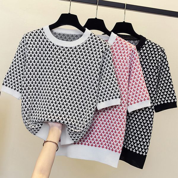 summer sweater plaid black oversize sweater pullovers women thin o-neck chic 2022 sweater short sleeve size 4xl, White;black
summer sweater plaid black oversize sweater pullovers women thin o-neck chic 2022 sweater short sleeve size 4xl, White;black