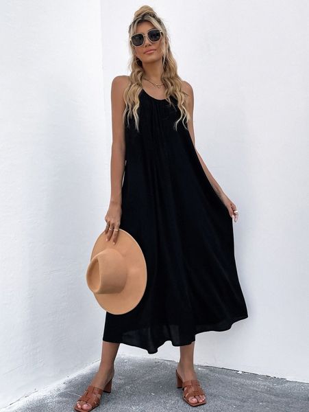 tie back hidden pocket cami dress g1zz#, Black;gray