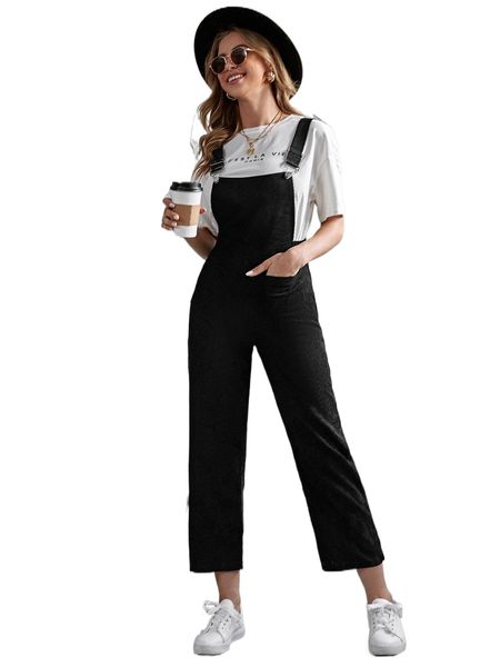 pocket front corduroy cropped pinafore jumpsuit t3o7#, Black;white