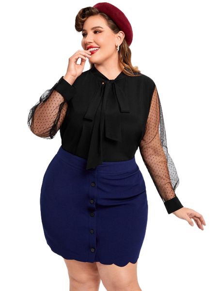 plus dobby mesh insert tie neck blouse z2n4#, Black