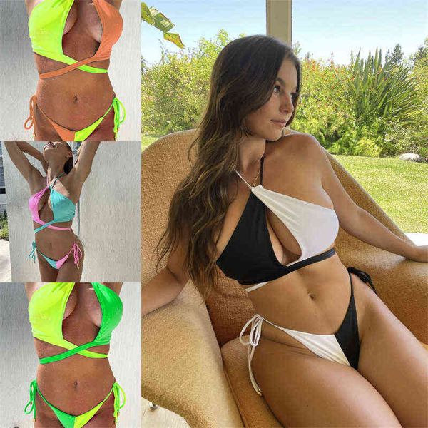 2022 color leaf blocking bikini lace up nylon swimsuit split women 2211, White;black
2022 color leaf blocking bikini lace up nylon swimsuit split women 2211, White;black