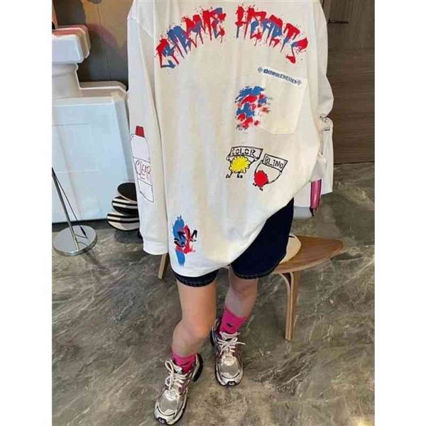 women's t-shirt chaopai spring and summer niche design large version hand-painted printed t loose round neck long sleeve t-shirt j49a 7, White