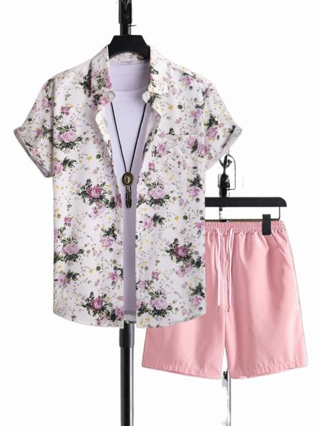 men floral print shirt & drawstring waist shorts without tee u5c8#, Gray