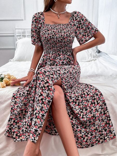 allover floral print shirred split thigh dress u2en#, Black;gray