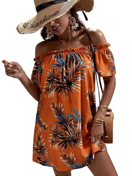 tropical print off shoulder frill trim dress j6t7#, Black;gray
tropical print off shoulder frill trim dress j6t7#, Black;gray