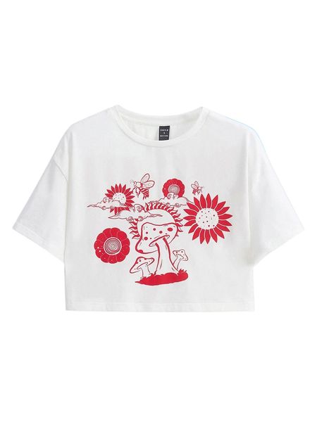 x sleepyhouse mushroom & bee print drop shoulder tee k2dq#, White